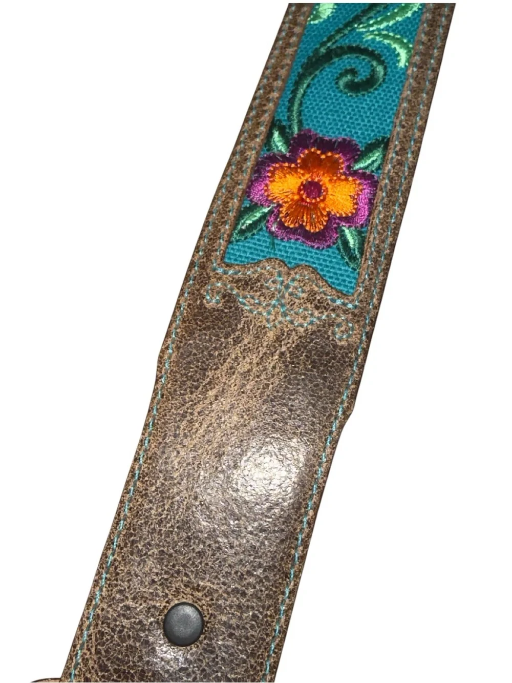 Justin  brown leather western belt teal cowgirl embroidered floral Sz 30